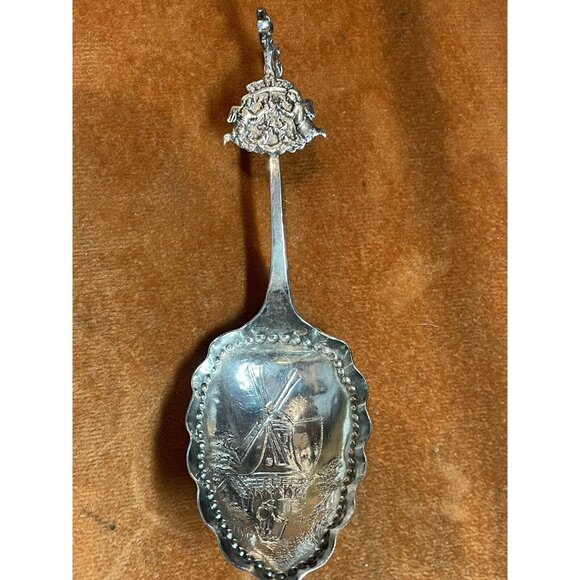 Antique Tea Caddy Spoon Dutch SterlingSilver FiguralWindmill Sailboat 1891